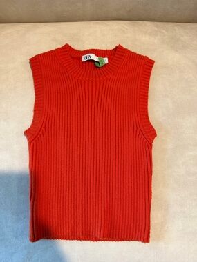 ZARA Men Ribbed Sleeveless Sweater Vest in Orange
